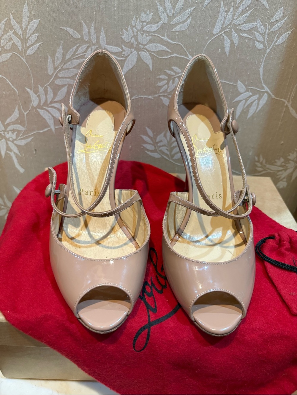 Christian Louboutin Nude Patent Peep-Toe Mary Jane Heels